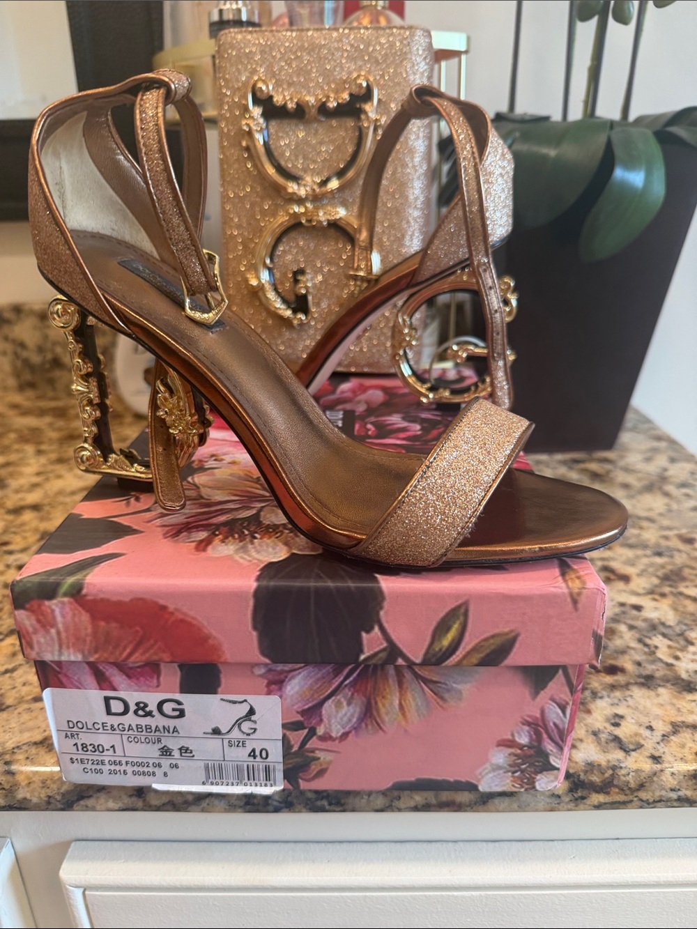 Dolce & Gabbana Rose Gold Glitter Strap High Heel Sandals